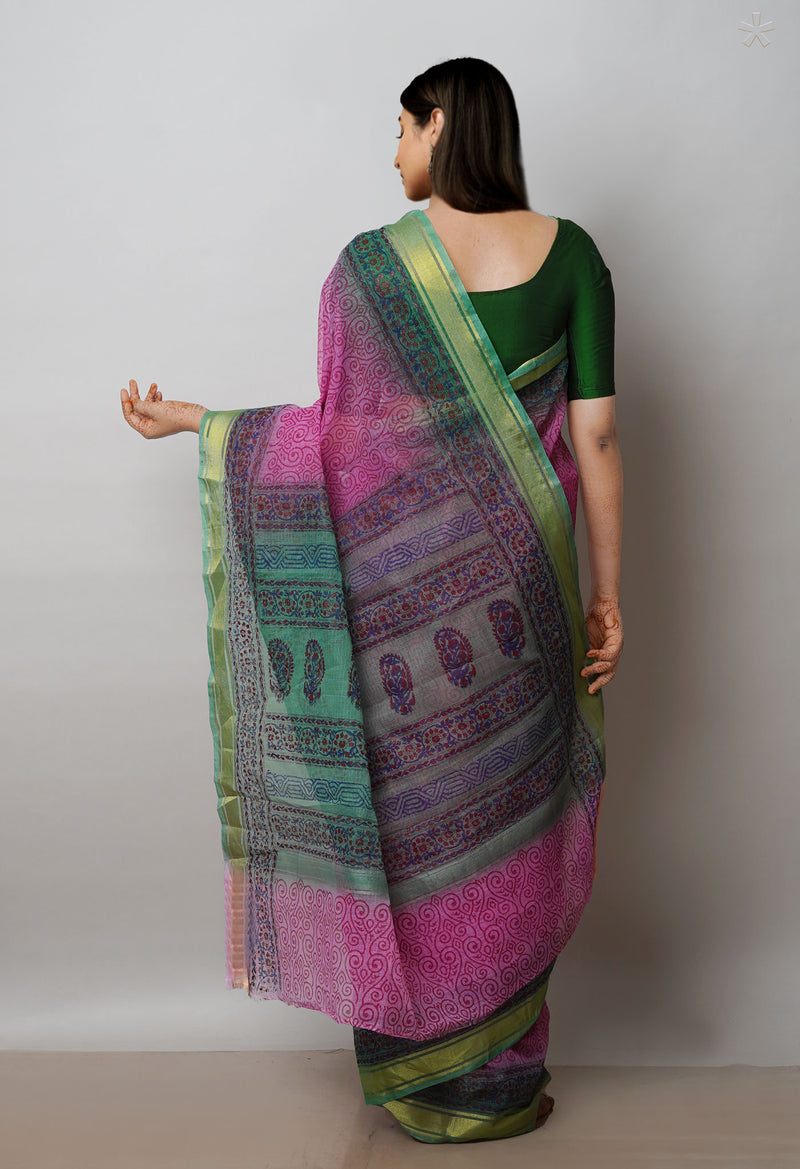 Pink Pure  Dyed Printed Kota Cotton Saree-UNM72536