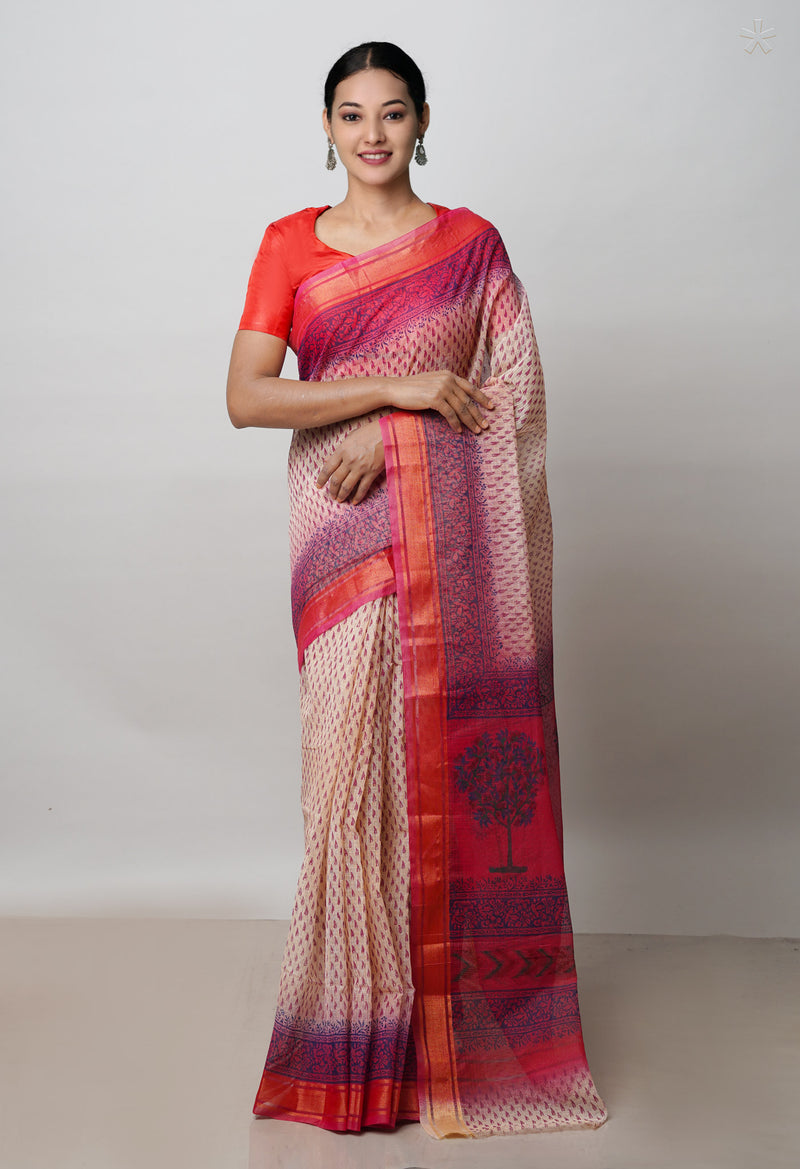 Cream Pure  Dyed Printed Kota Cotton Saree-UNM72541