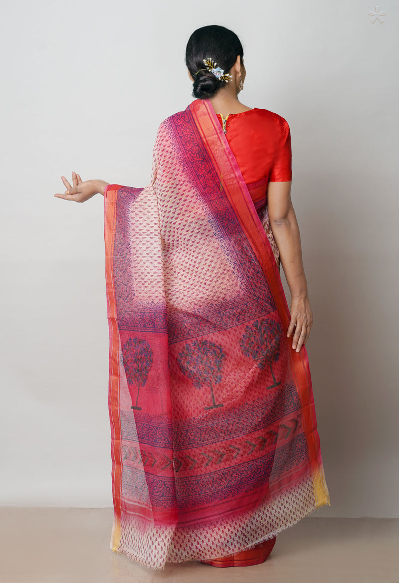 Cream Pure  Dyed Printed Kota Cotton Saree-UNM72541
