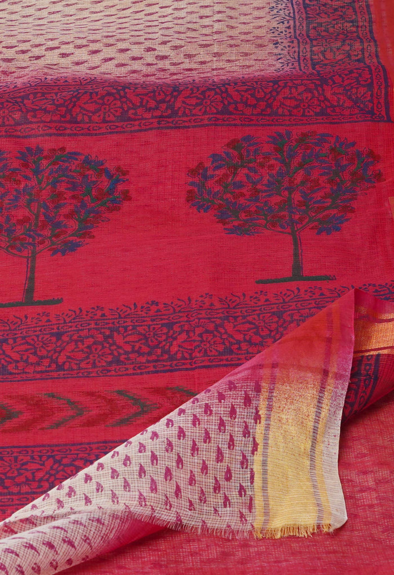 Cream Pure  Dyed Printed Kota Cotton Saree-UNM72541