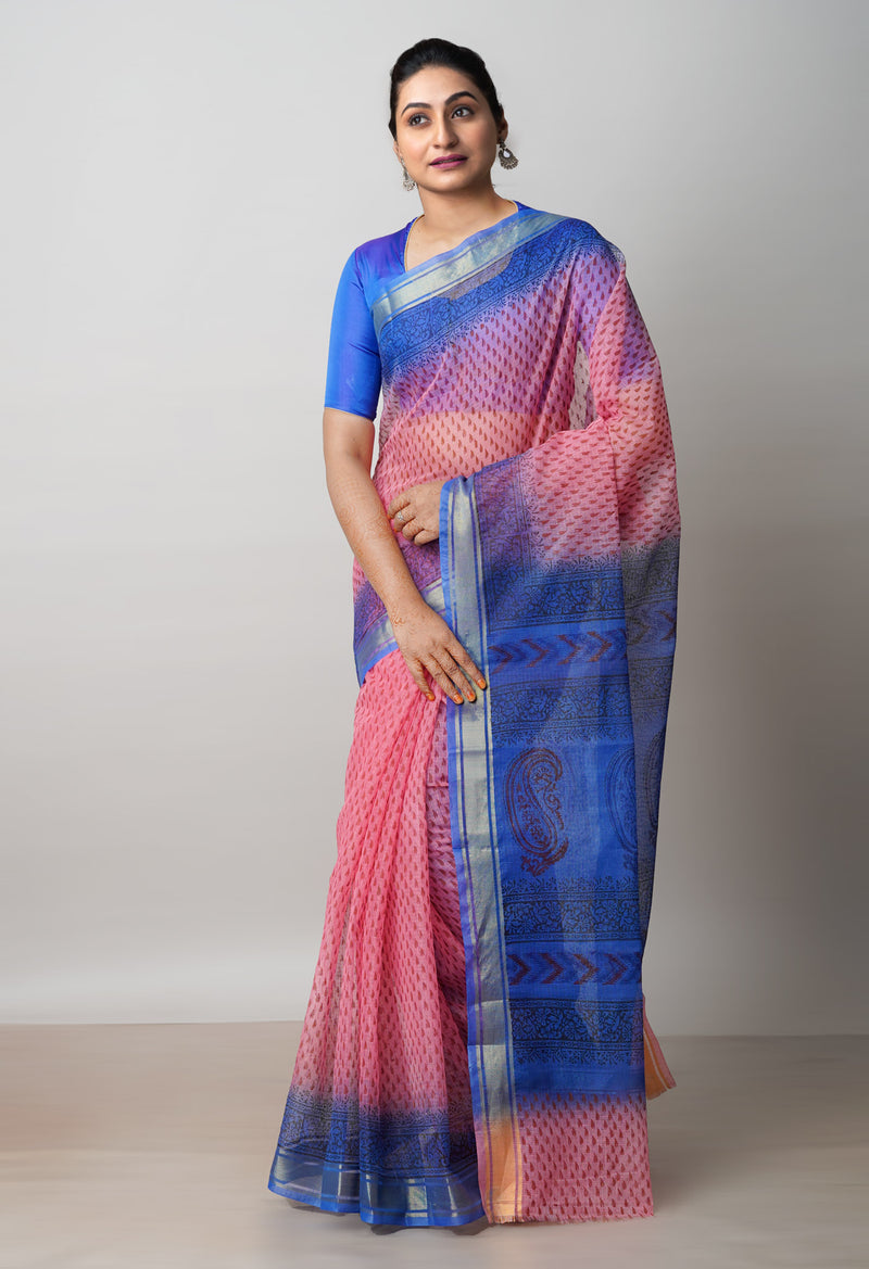 Light Pink Pure  Dyed Printed Kota Cotton Saree-UNM72543