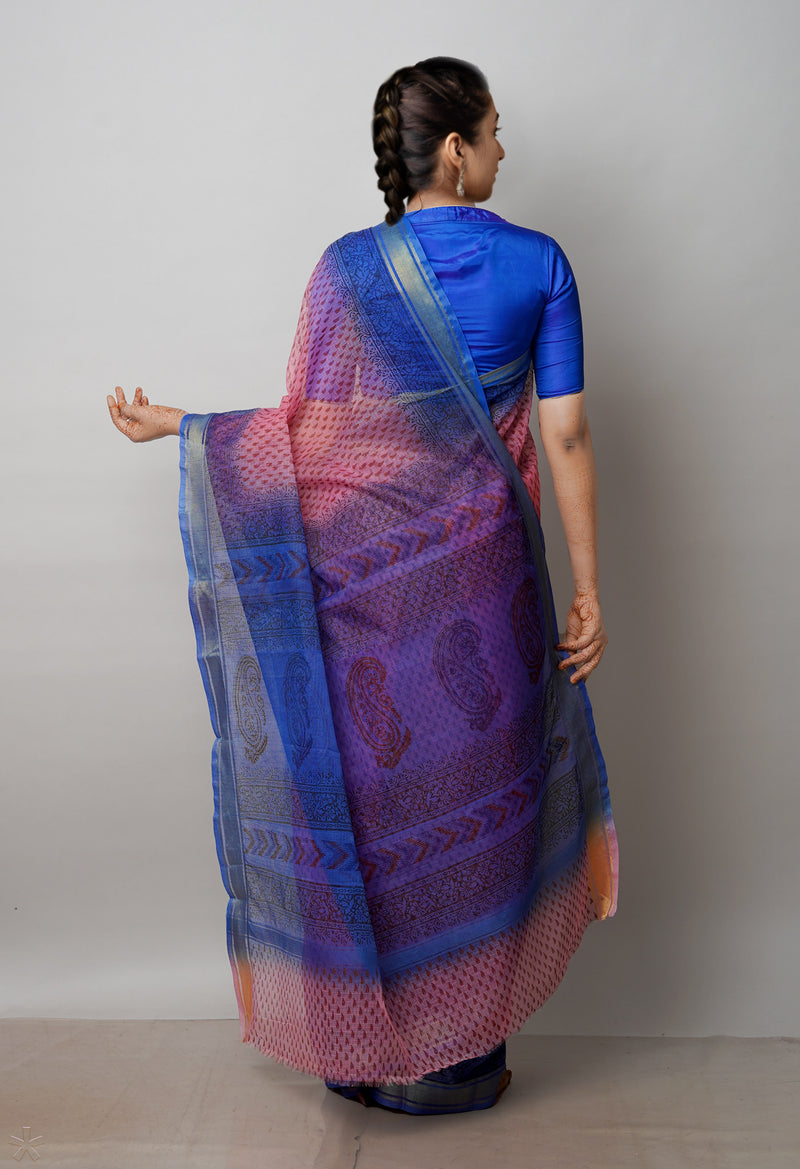Light Pink Pure  Dyed Printed Kota Cotton Saree-UNM72543