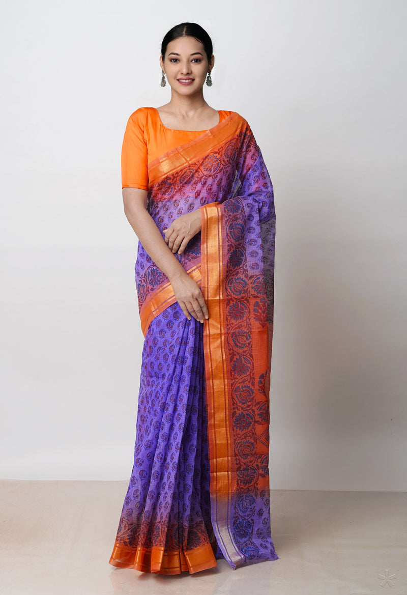 Purple Pure  Dyed Printed Kota Cotton Saree-UNM72550