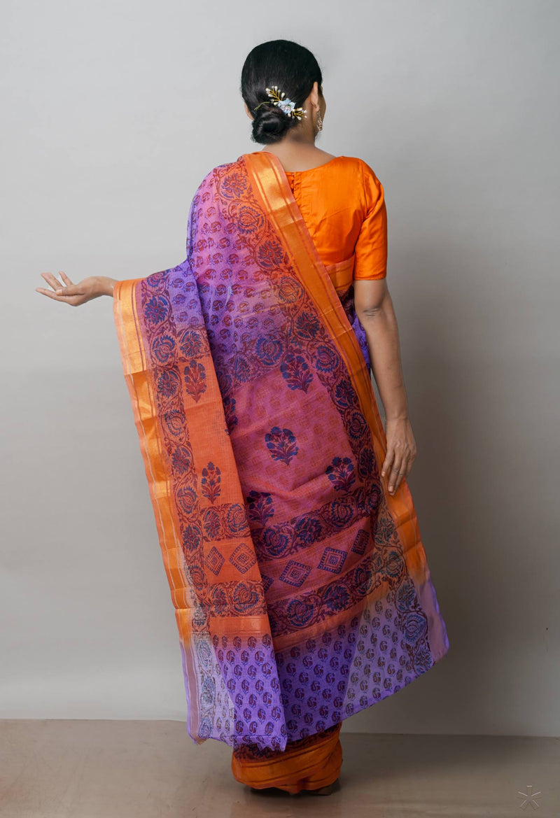 Purple Pure  Dyed Printed Kota Cotton Saree-UNM72550