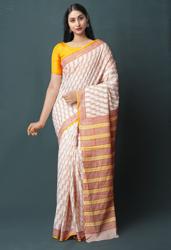 White Pure  Block Printed Superfine Mulmul  Cotton Saree-UNM72567