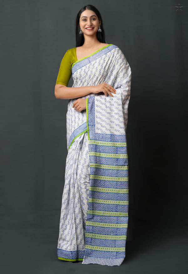 White Pure  Block Printed Superfine Mulmul  Cotton Saree-UNM72568
