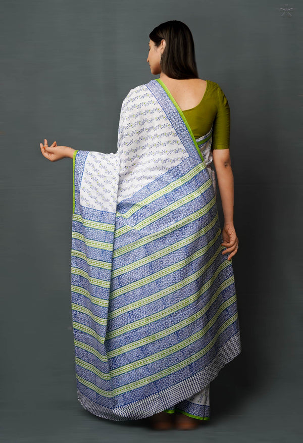 White Pure  Block Printed Superfine Mulmul  Cotton Saree-UNM72568