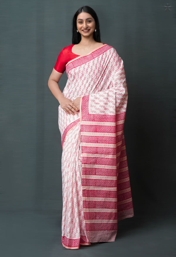 White Pure  Block Printed Superfine Mulmul  Cotton Saree-UNM72569