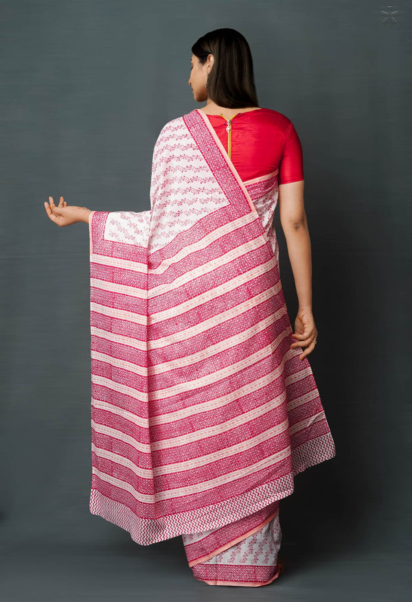 White Pure  Block Printed Superfine Mulmul  Cotton Saree-UNM72569