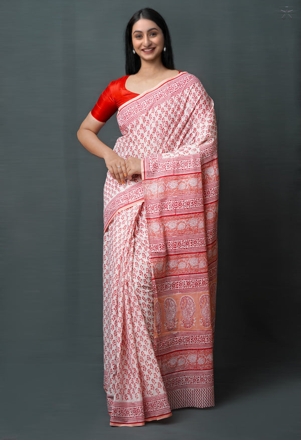 White Pure  Block Printed Superfine Mulmul  Cotton Saree-UNM72572