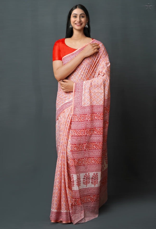 Peach Pink Pure  Block Printed Superfine Mulmul  Cotton Saree-UNM72575