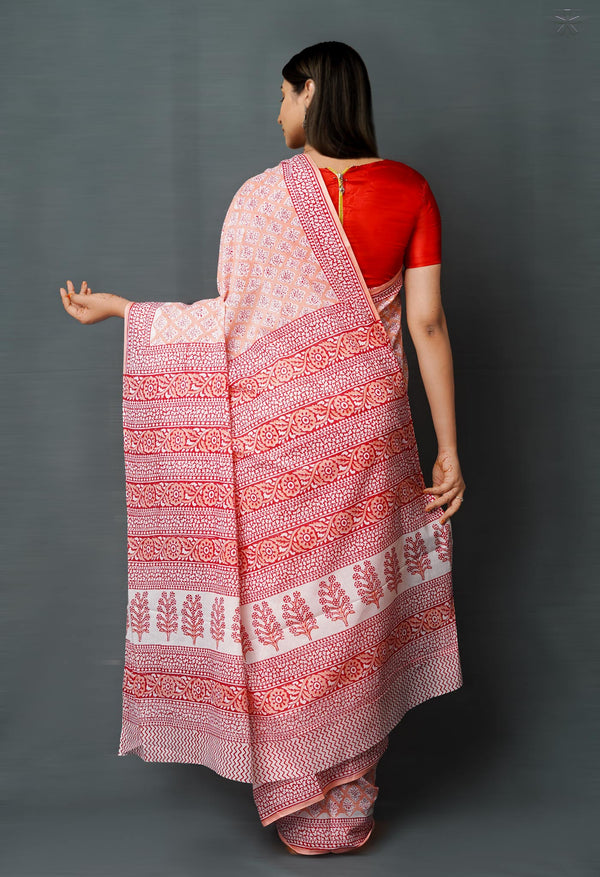 Peach Pink Pure  Block Printed Superfine Mulmul  Cotton Saree-UNM72575