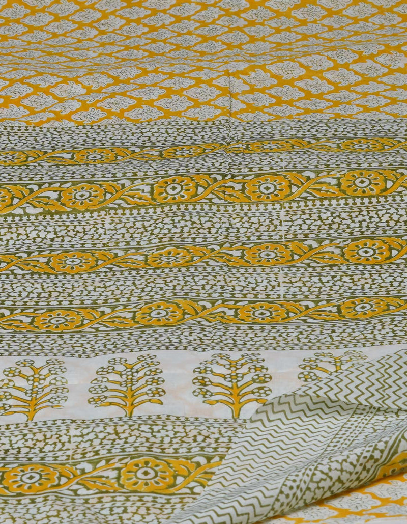 Yellow Pure  Block Printed Superfine Mulmul  Cotton Saree-UNM72576