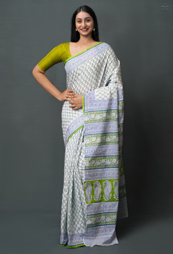 White Pure  Block Printed Superfine Mulmul  Cotton Saree-UNM72577