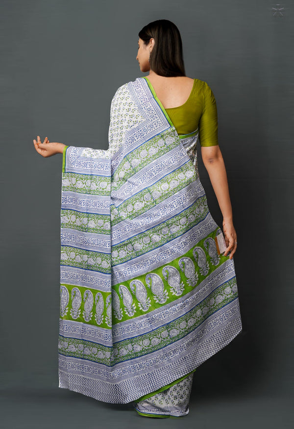 White Pure  Block Printed Superfine Mulmul  Cotton Saree-UNM72577