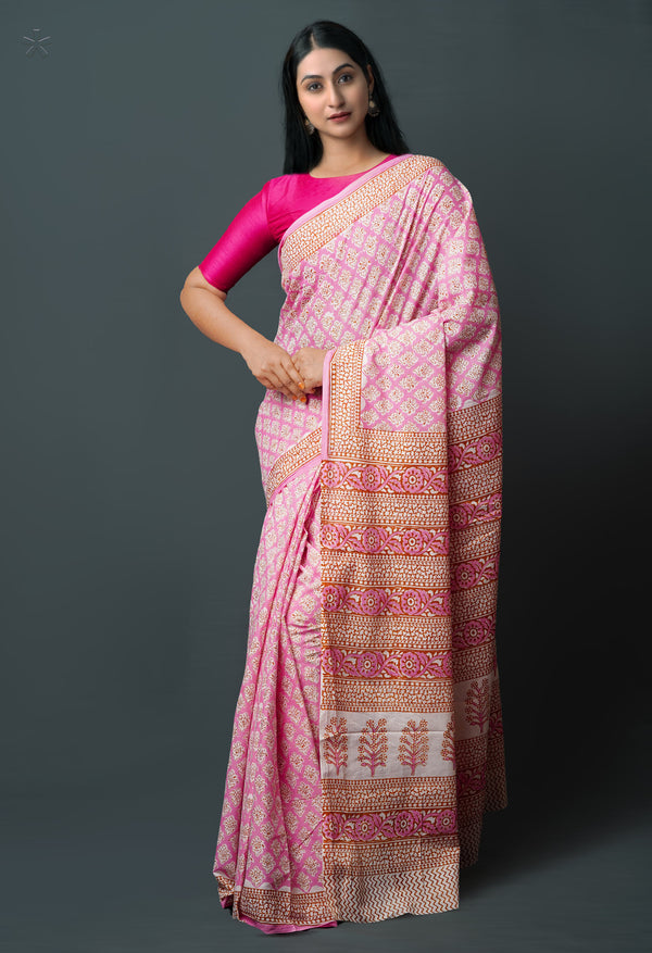 Pink Pure  Block Printed Superfine Mulmul  Cotton Saree-UNM72579