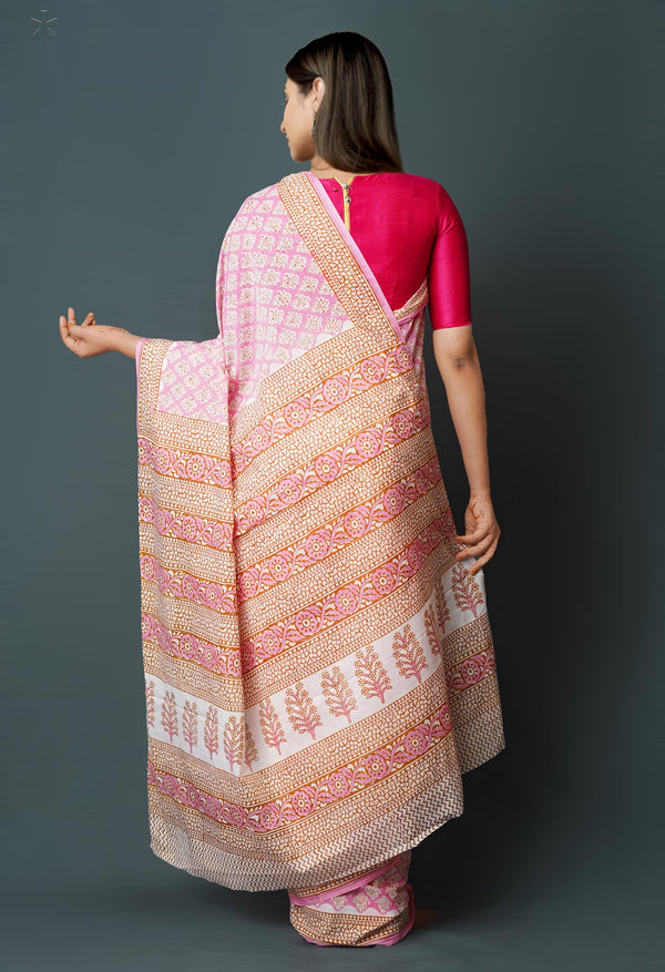 Pink Pure  Block Printed Superfine Mulmul  Cotton Saree-UNM72579