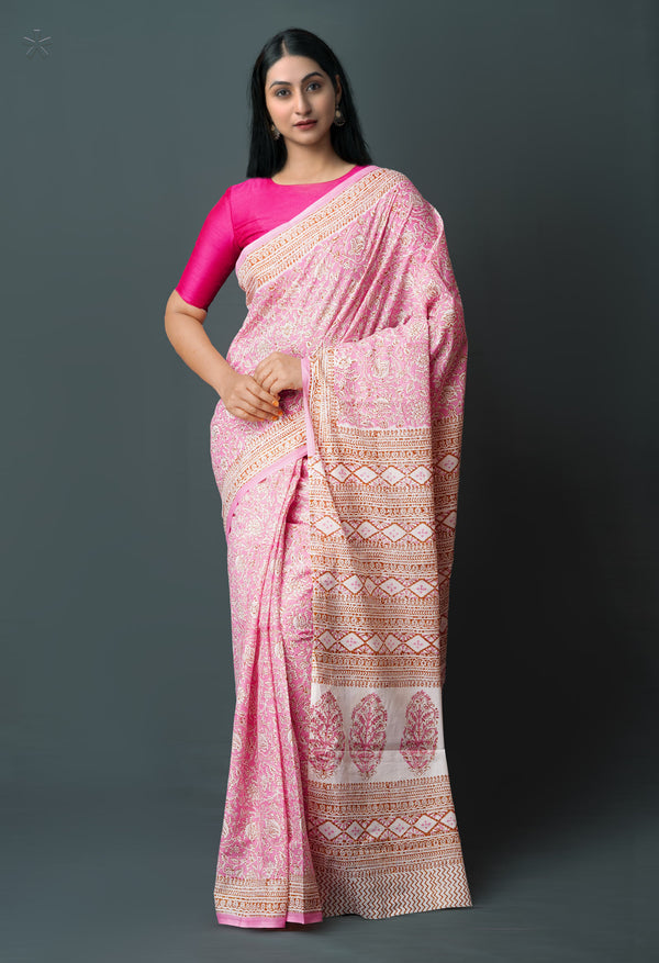 Pink Pure  Block Printed Superfine Mulmul  Cotton Saree-UNM72580