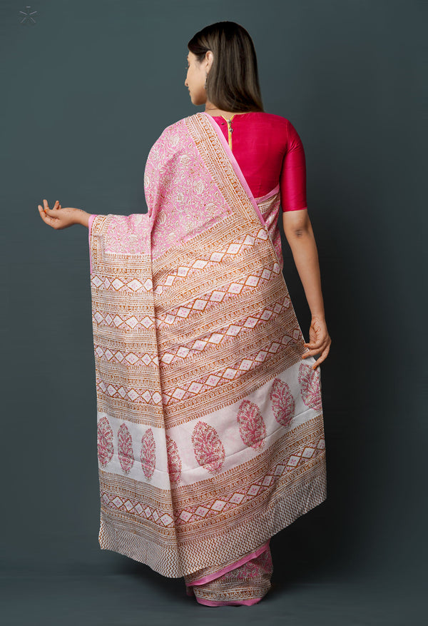 Pink Pure  Block Printed Superfine Mulmul  Cotton Saree-UNM72580