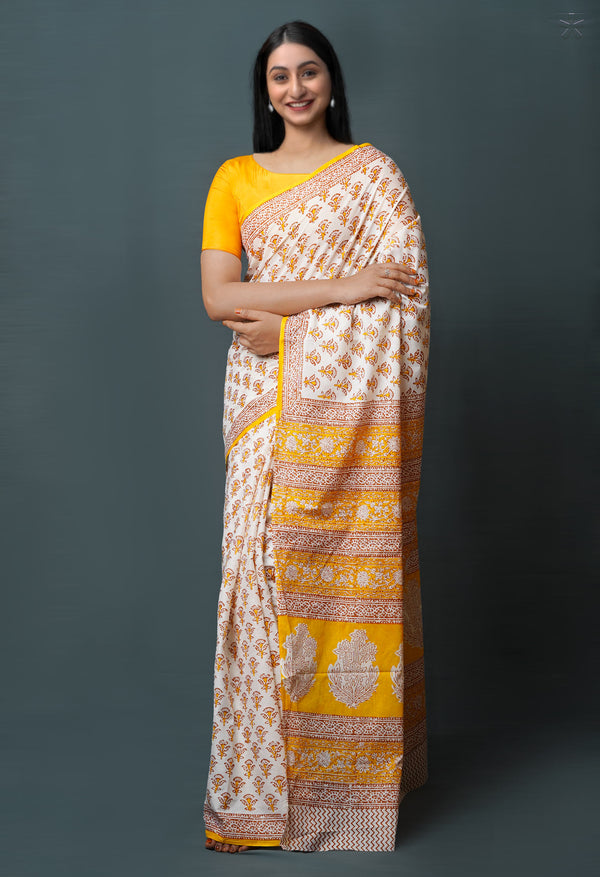 White Pure  Block Printed Superfine Mulmul  Cotton Saree-UNM72581