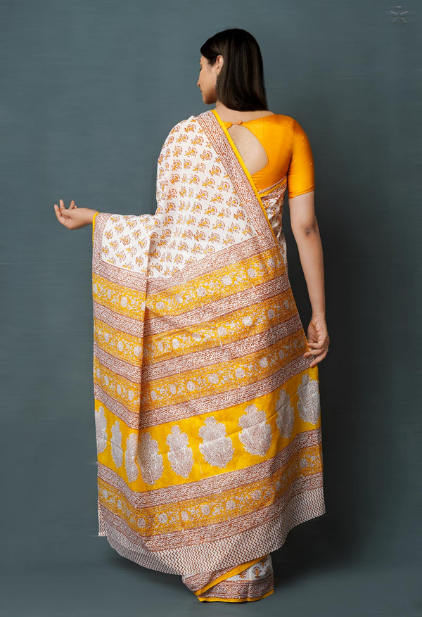 White Pure  Block Printed Superfine Mulmul  Cotton Saree-UNM72581