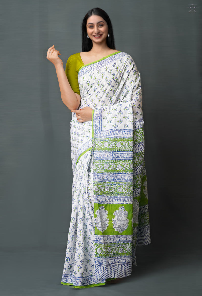 White Pure  Block Printed Superfine Mulmul  Cotton Saree-UNM72582