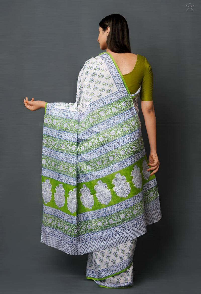 White Pure  Block Printed Superfine Mulmul  Cotton Saree-UNM72582