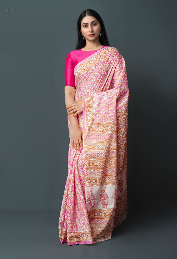 Pink Pure  Block Printed Superfine Mulmul  Cotton Saree-UNM72584