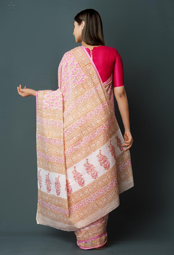 Pink Pure  Block Printed Superfine Mulmul  Cotton Saree-UNM72584