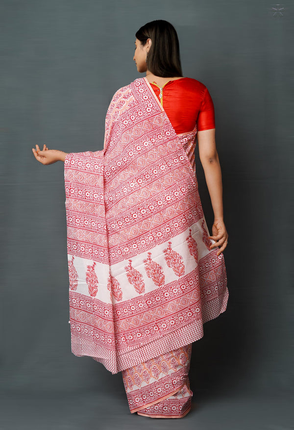 Peach Pink Pure  Block Printed Superfine Mulmul  Cotton Saree-UNM72589
