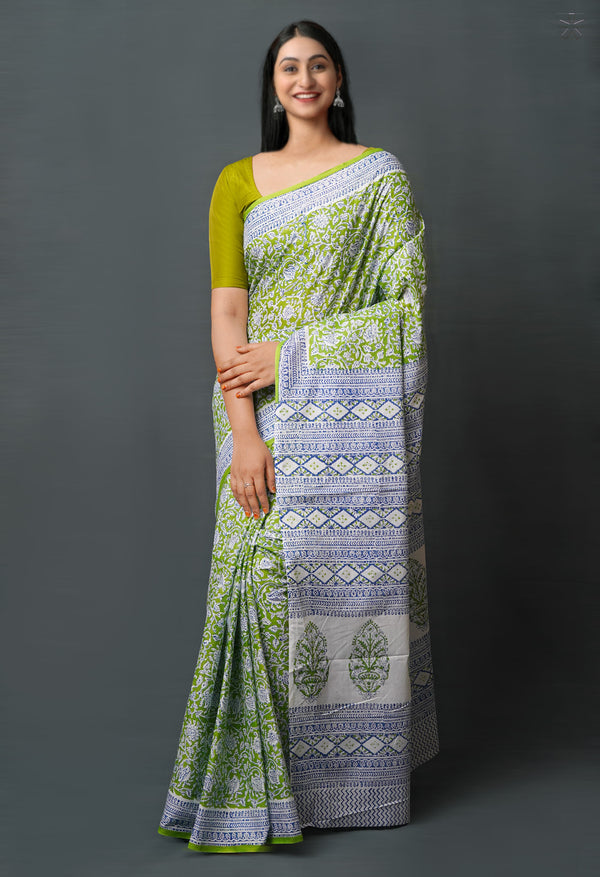 Green Pure  Block Printed Superfine Mulmul  Cotton Saree-UNM72590