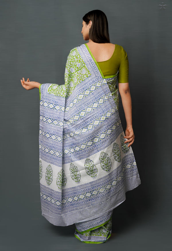 Green Pure  Block Printed Superfine Mulmul  Cotton Saree-UNM72590