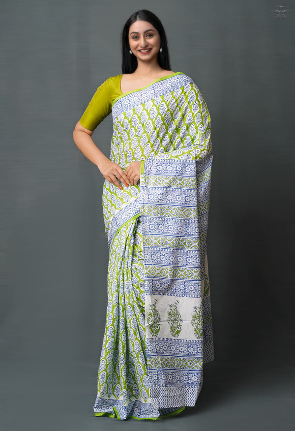 Green Pure  Block Printed Superfine Mulmul  Cotton Saree-UNM72591