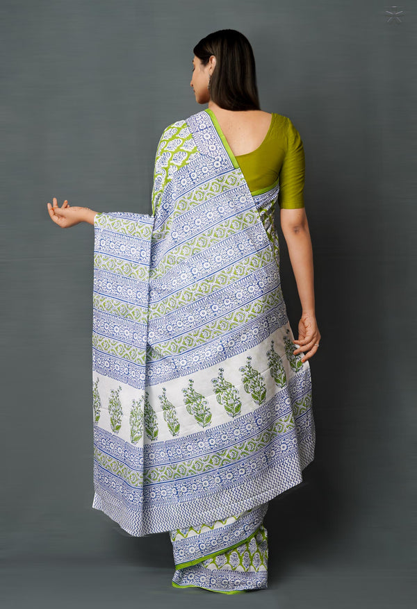 Green Pure  Block Printed Superfine Mulmul  Cotton Saree-UNM72591