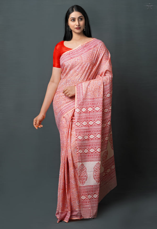 Peach Pink Pure  Block Printed Superfine Mulmul  Cotton Saree-UNM72592