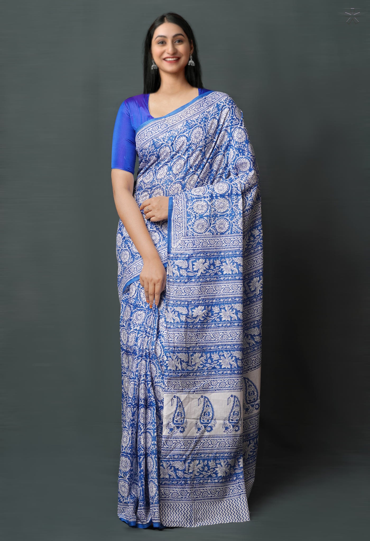 Blue Pure  Block Printed Superfine Mulmul  Cotton Saree-UNM72598