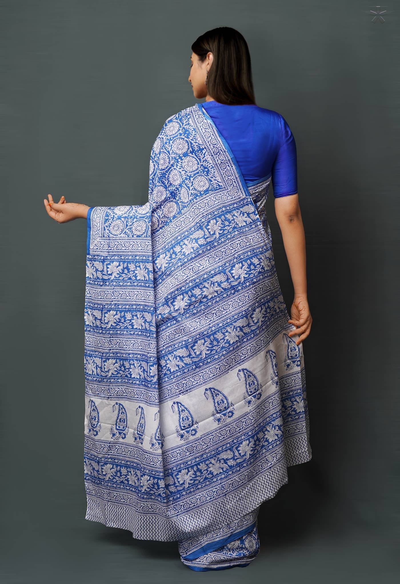 Blue Pure  Block Printed Superfine Mulmul  Cotton Saree-UNM72598