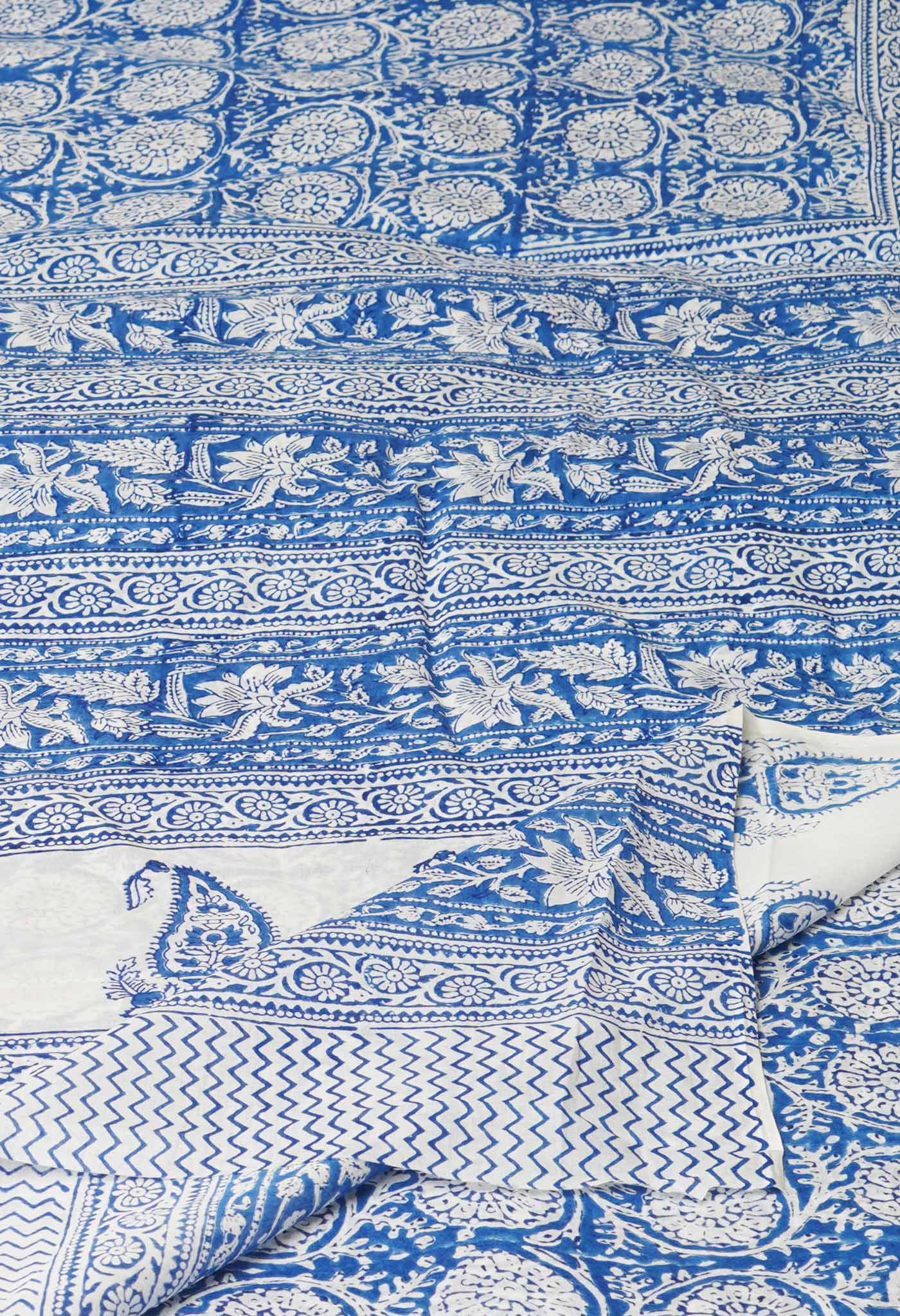 Blue Pure  Block Printed Superfine Mulmul  Cotton Saree-UNM72598