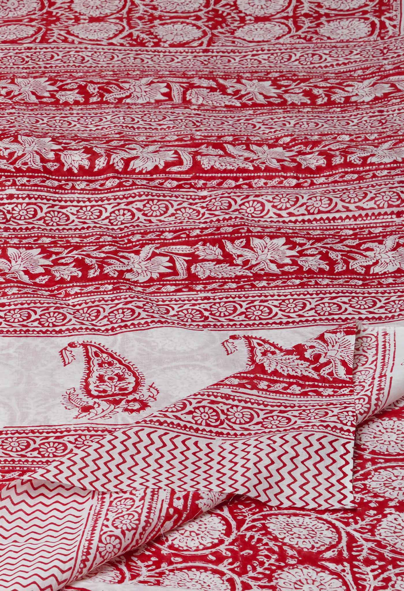 Red Pure Block Printed Soft Cotton Saree