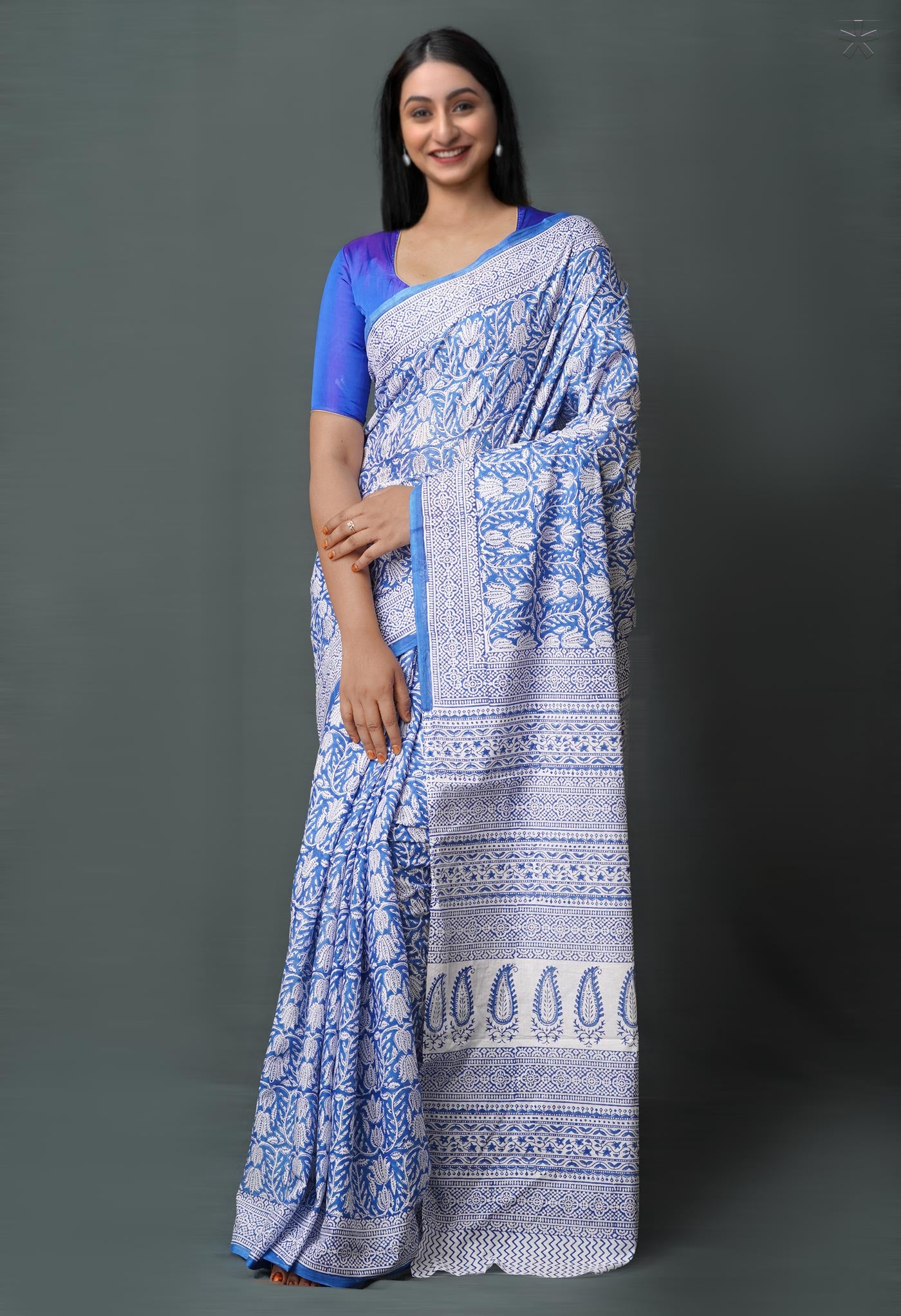 Blue Pure  Block Printed Superfine Mulmul  Cotton Saree-UNM72600