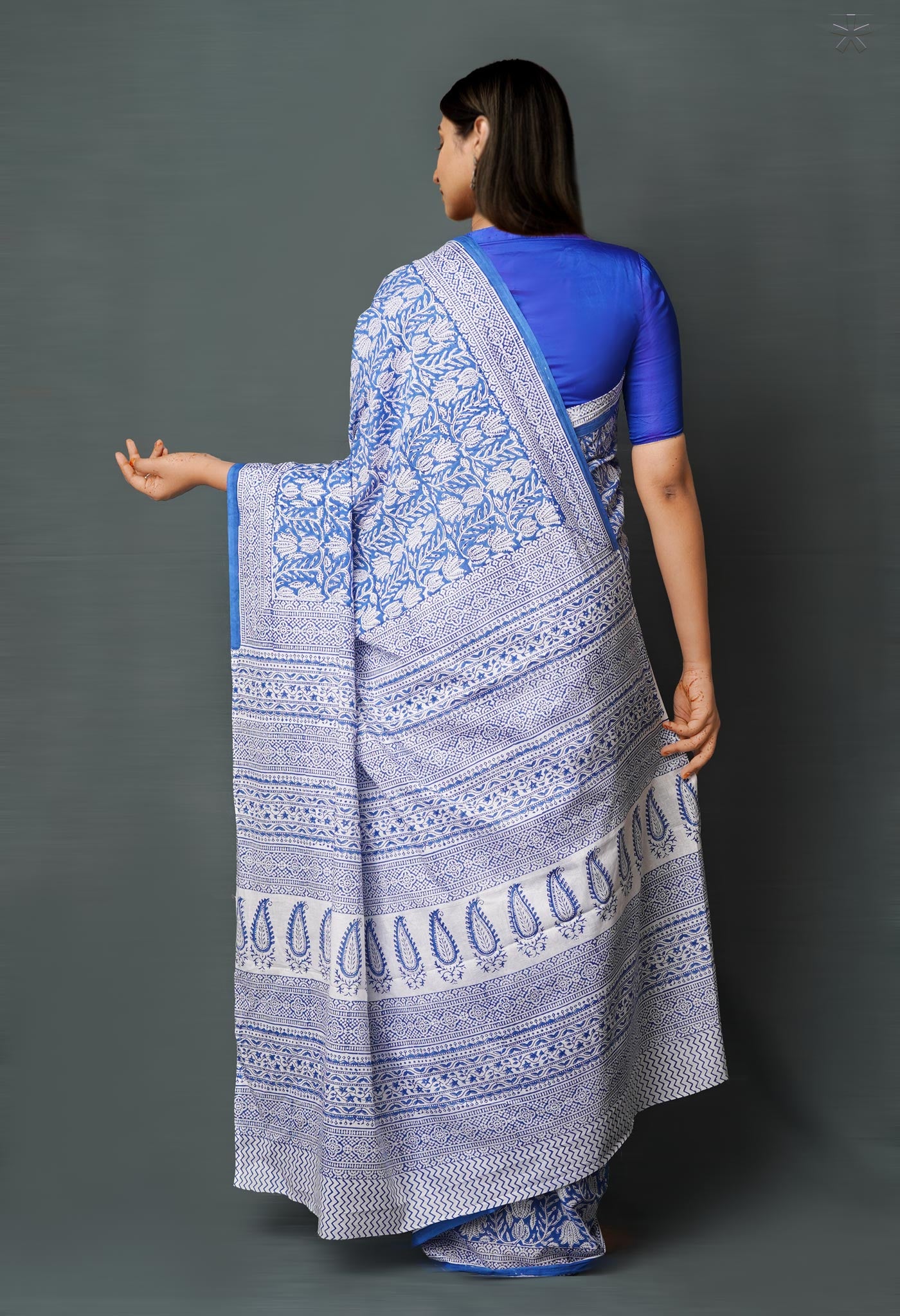 Blue Pure  Block Printed Superfine Mulmul  Cotton Saree-UNM72600
