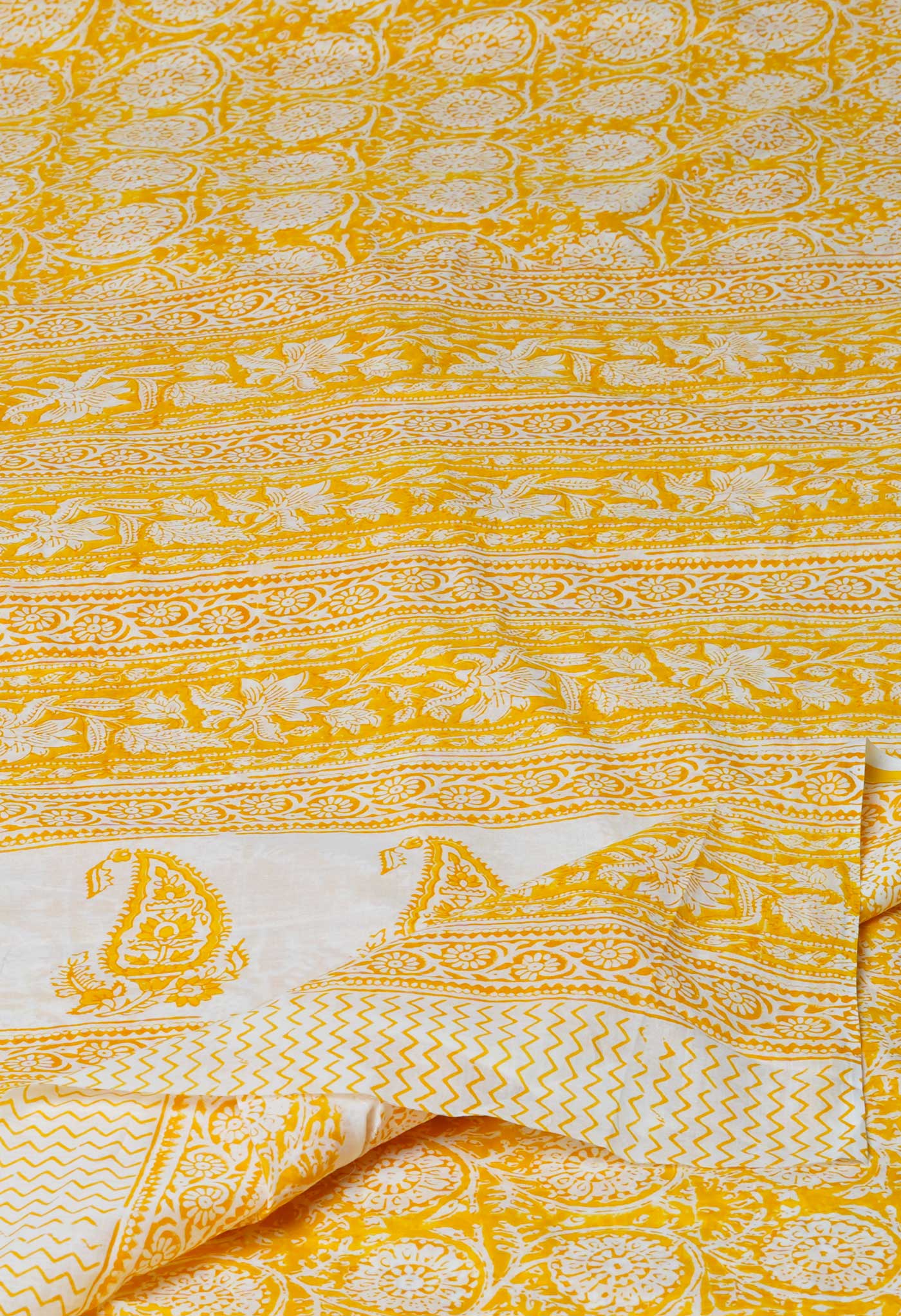 Yellow Pure  Block Printed Superfine Mulmul  Cotton Saree-UNM72601