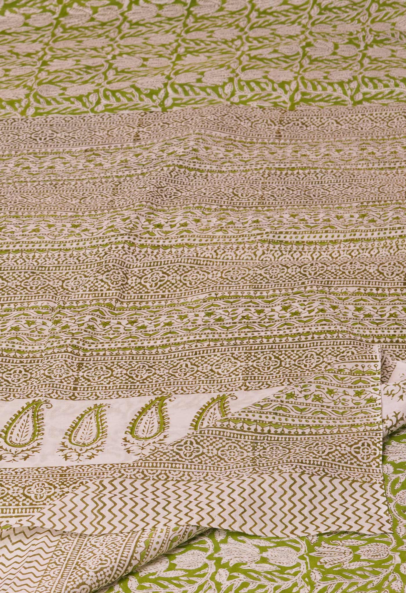 Green Pure  Block Printed Superfine Mulmul  Cotton Saree-UNM72602