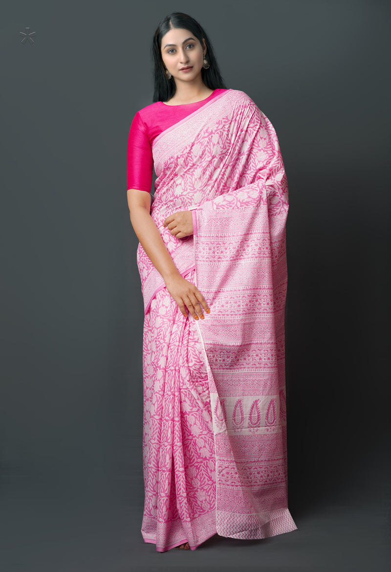 Pink Pure  Block Printed Superfine Mulmul  Cotton Saree-UNM72604