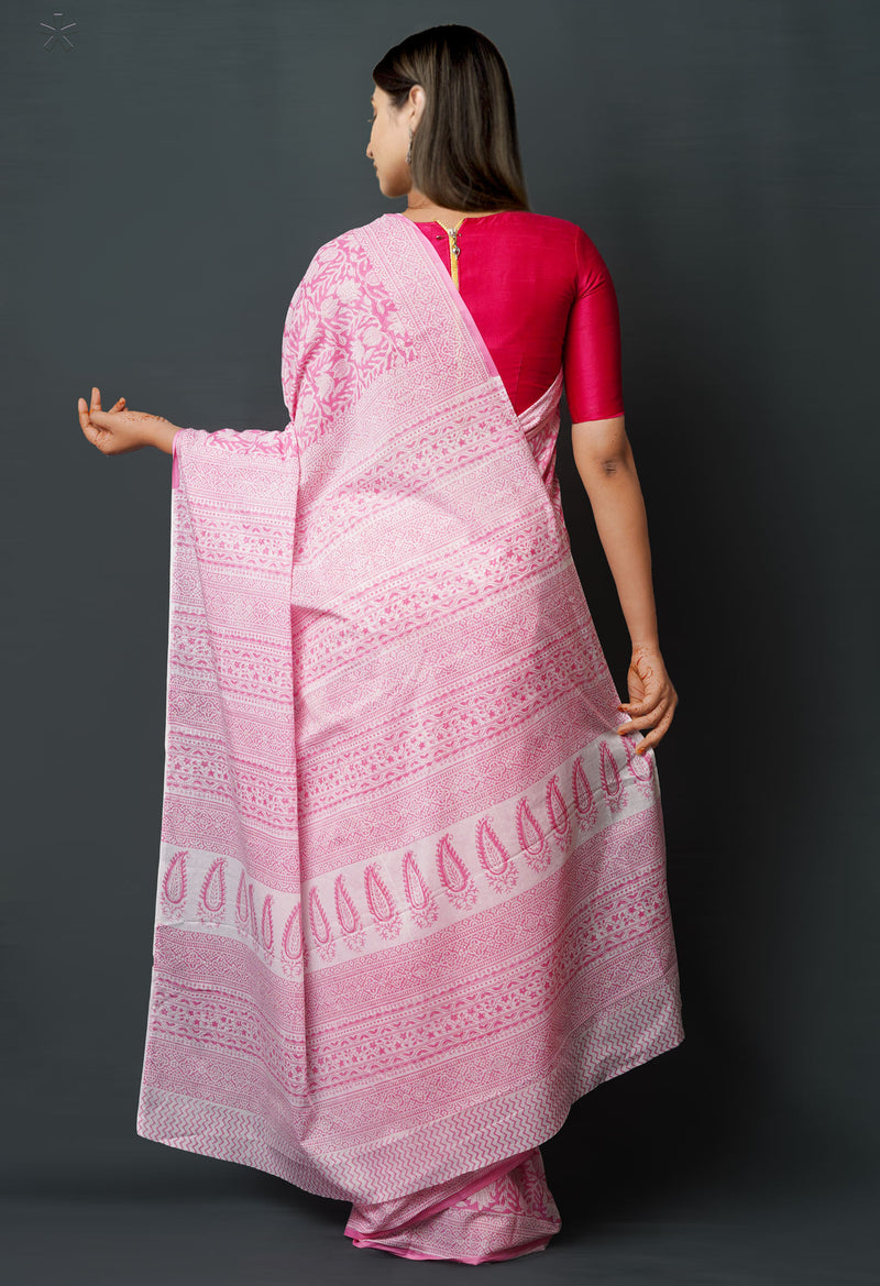 Pink Pure  Block Printed Superfine Mulmul  Cotton Saree-UNM72604