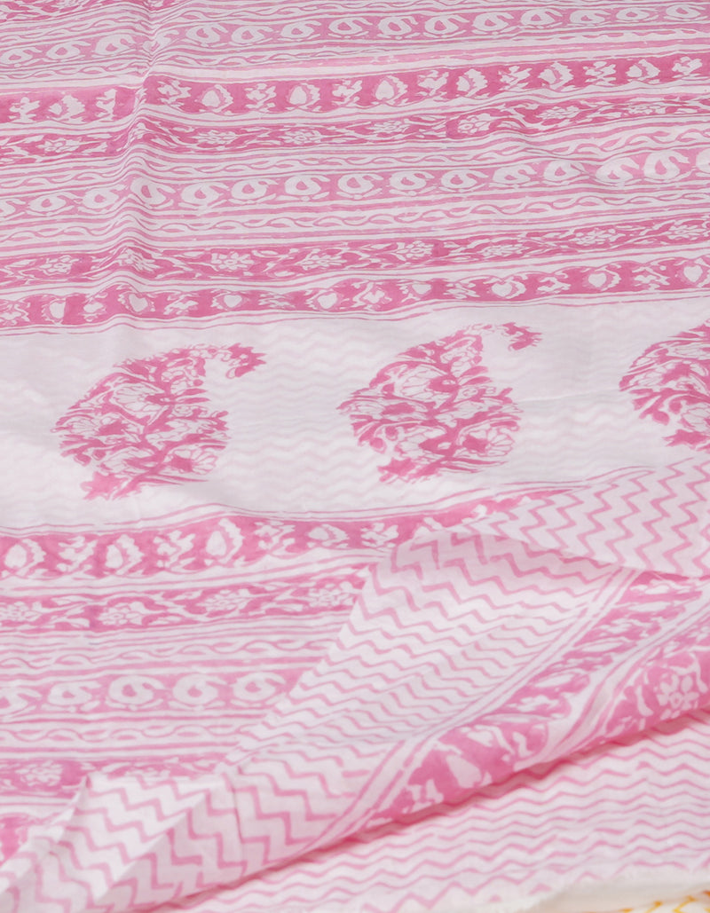 White-Pink Pure  Block Printed Superfine Mulmul  Cotton Saree-UNM72608