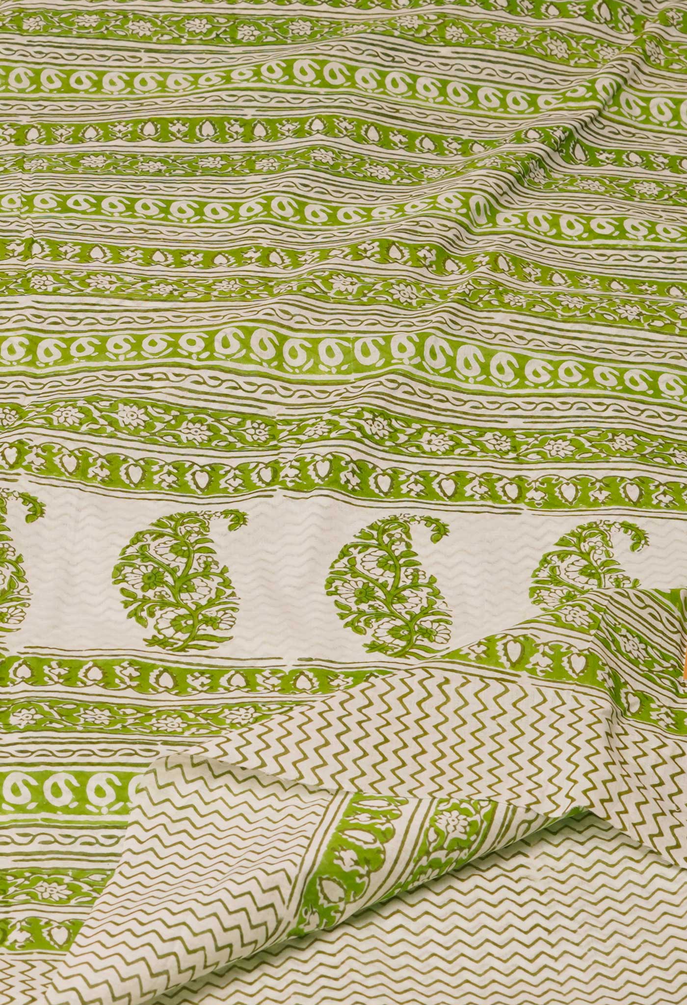 White-Green Pure  Block Printed Superfine Mulmul  Cotton Saree-UNM72609