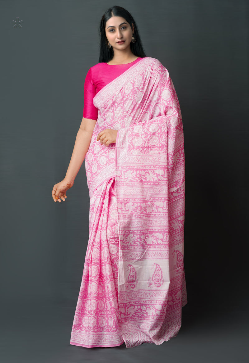 Pink Pure  Block Printed Superfine Mulmul  Cotton Saree-UNM72610