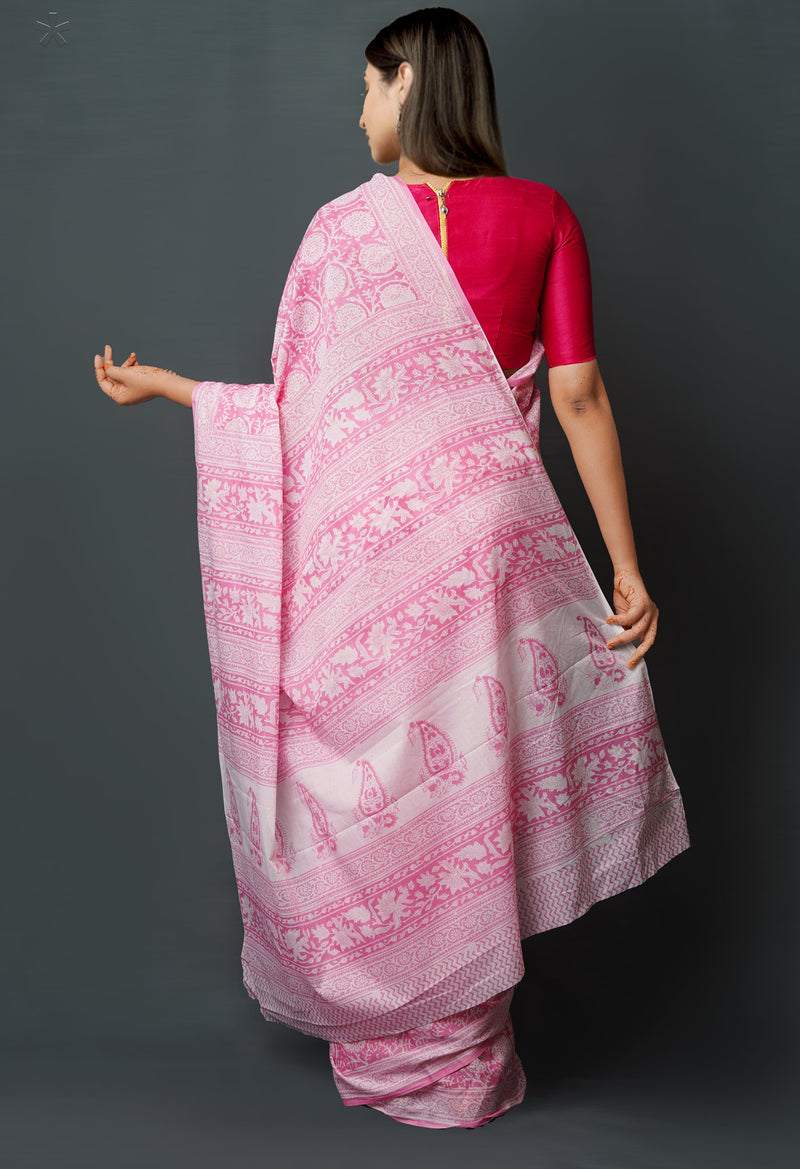 Pink Pure  Block Printed Superfine Mulmul  Cotton Saree-UNM72610