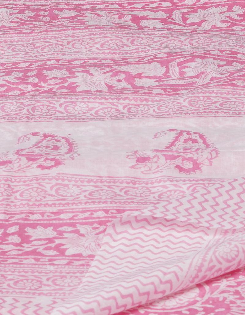 Pink Pure  Block Printed Superfine Mulmul  Cotton Saree-UNM72610